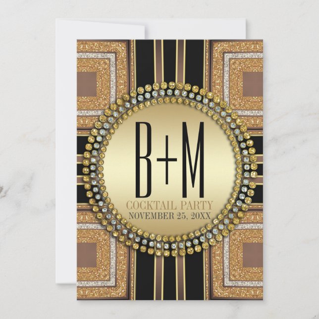Convite Squazi ArtDeco Dourado Preto Festa de Cocktail (Frente)
