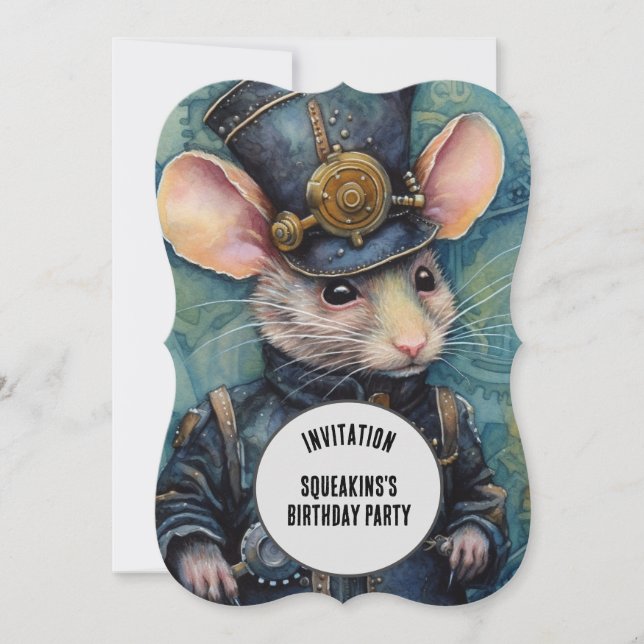 Convite Squeakins Steampunk Animal Nome personalizado (Frente)