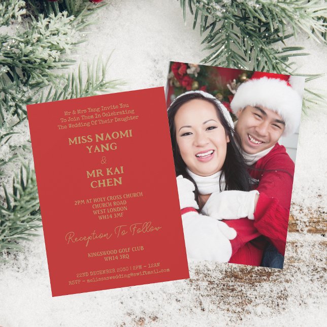 Convite Sr. e Sra. Elegant Dourado Casamento Vermelho (Front And Back)