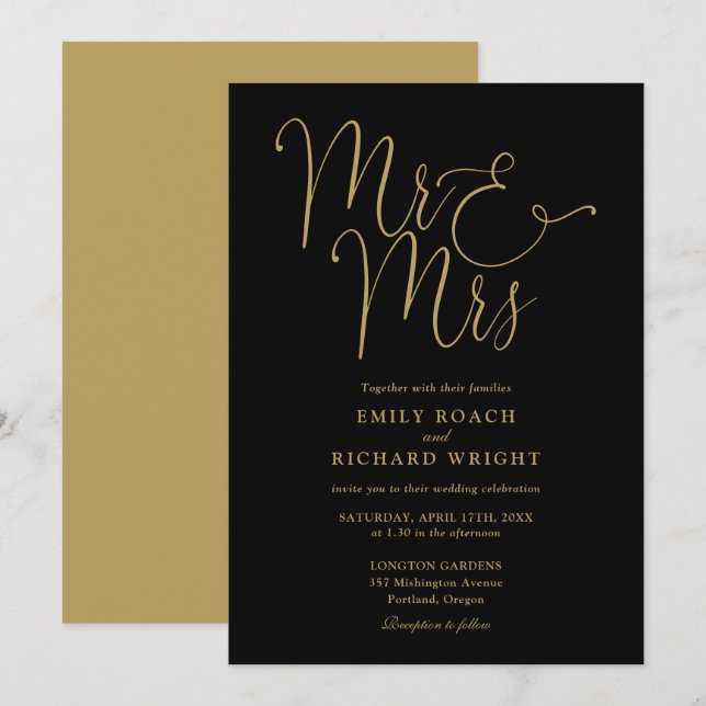 Convite Sr. E Sra. Elegant Script Black E Dourado Casament (Frente/Verso)
