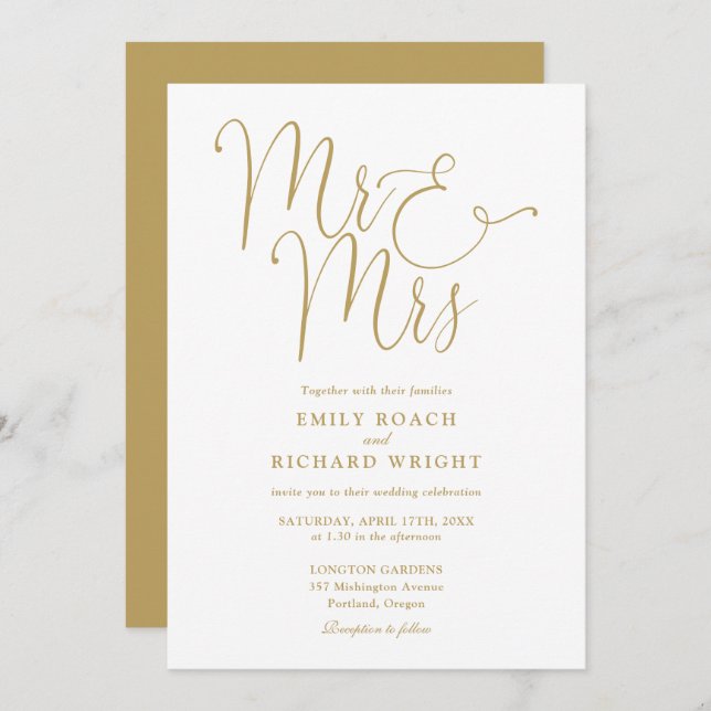 Convite Sr. e Sra. Elegant Script Dourado Casamento (Frente/Verso)