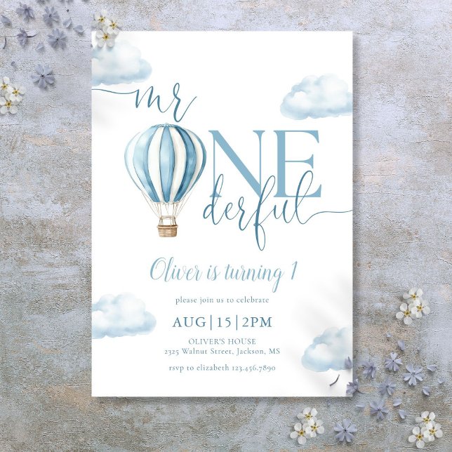 Convite Sr. Onederful Menino do Balão de Ar Azul Aniversár (Mr Onederful Blue Hot Air Balloon Boy 1st Birthday Invitation)