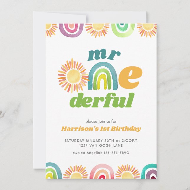 Convite Sr. ONEMaravilhoso Boho Primeiro Aniversário Rainb (Frente)