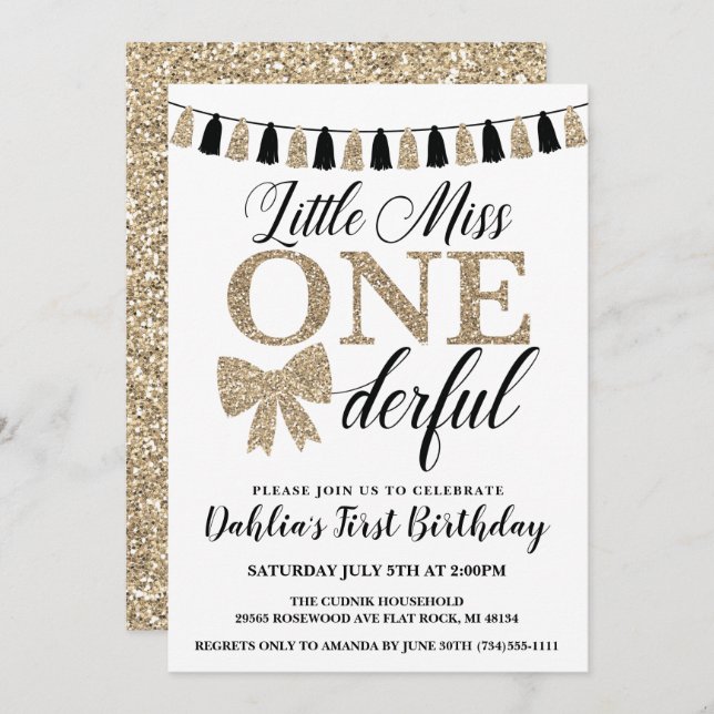 Convite Srta. Onelinda Aniversário Convidar, Preto e Doura (Frente/Verso)