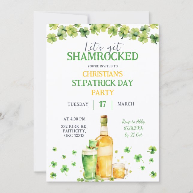 Convite St Patrick Day Let's Get Shamrocked Party (Frente)