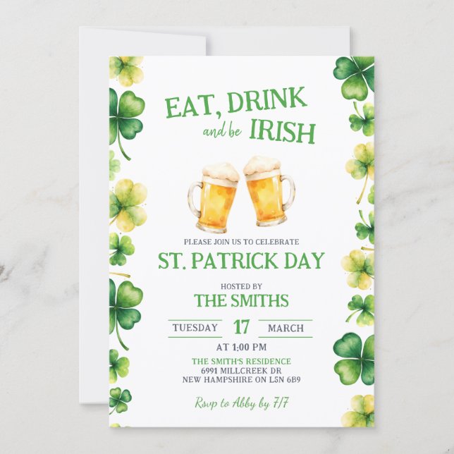 Convite St Patrick Eat, Drink, and be Irish Party (Frente)