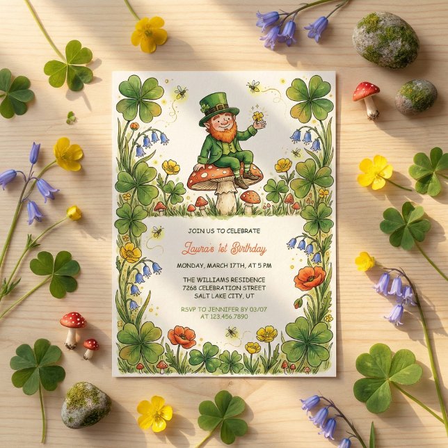 Convite St Patrick Leprechaun 1st Birthday Green Shamrock (Watercolor St. Patrick's Day Themed 1st Birthday Invitation Card)
