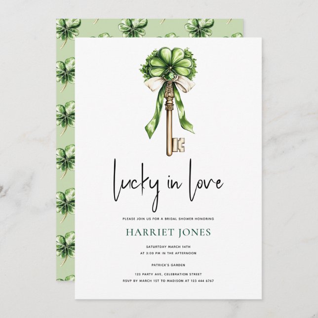 Convite St Patrick’s Bridal Shower Gold Key & Clover (Frente/Verso)