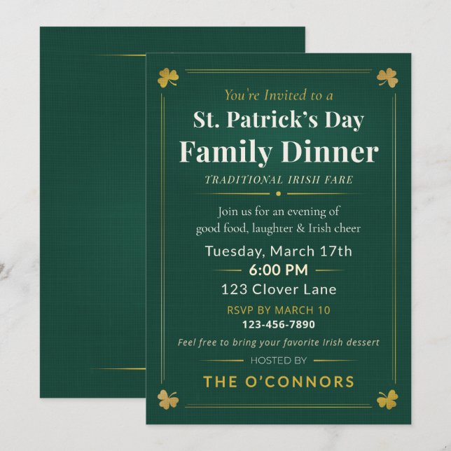 Convite St. Patrick’s Day Family Dinner Traditional Irish  (Frente/Verso)