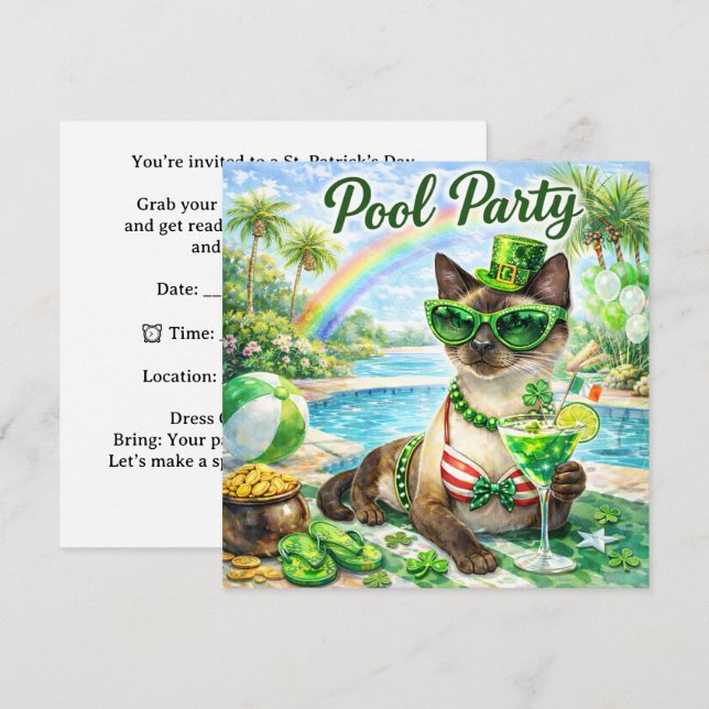 Convite St. Patrick’s Day Glam Cat Pool Party  (Frente/Verso)