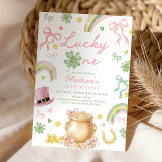 Convite St Patrick's Day 1st Birthday Invitation Pink Bow