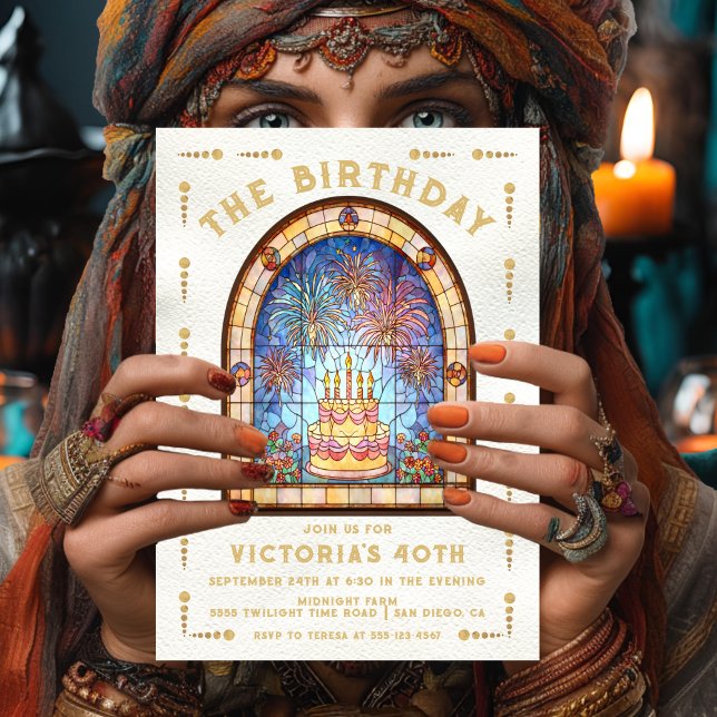 Convite Stained Glass Birthday Party Cake Tarot Card (Criador carregado)