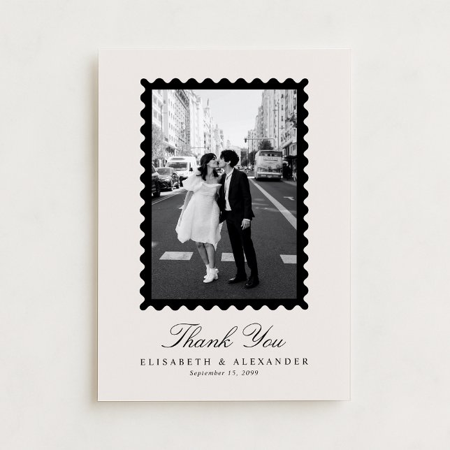 Convite Stamp Style Modern Ivory One Photo Thank You Card (Criador carregado)