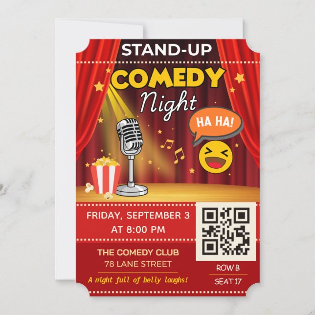 Convite Stand-Up Comedy Night Ticket | QR Code Invite (Frente)