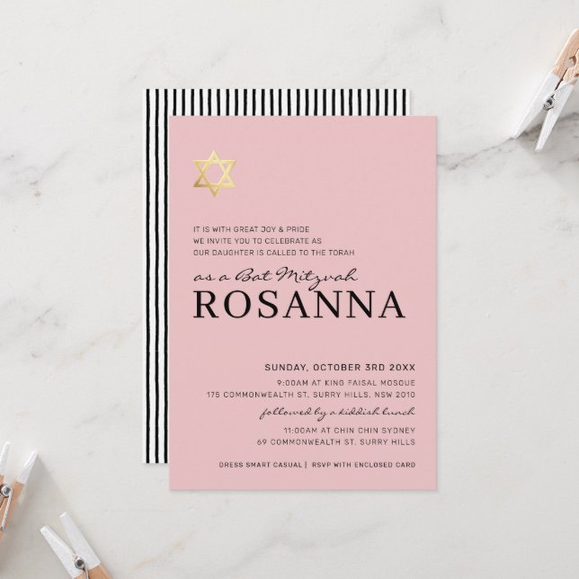 Convite STAR Bat Mitzvah moderno minimal paris rosa preto (Frente/Verso In Situ)