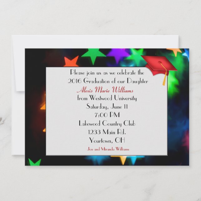 Convite Star Bokeh com Red Graduation Hat (Frente)