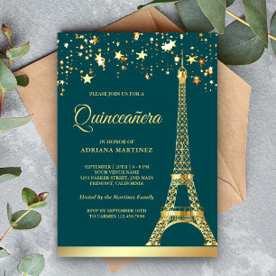 Convite Star Confetti Dourada Eiffel Tower Teal Quinceaner