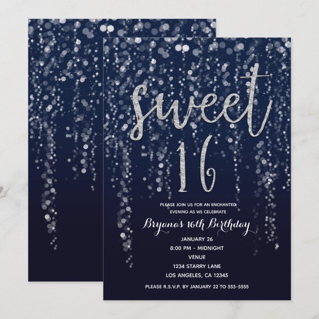 Convite Star Lights Silver e Blue Sweet 16 Party (Frente/Verso)