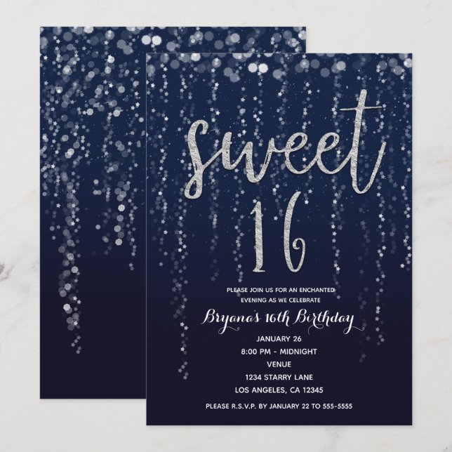 Convite Star Lights Silver e Blue Sweet 16 Party (Frente/Verso)