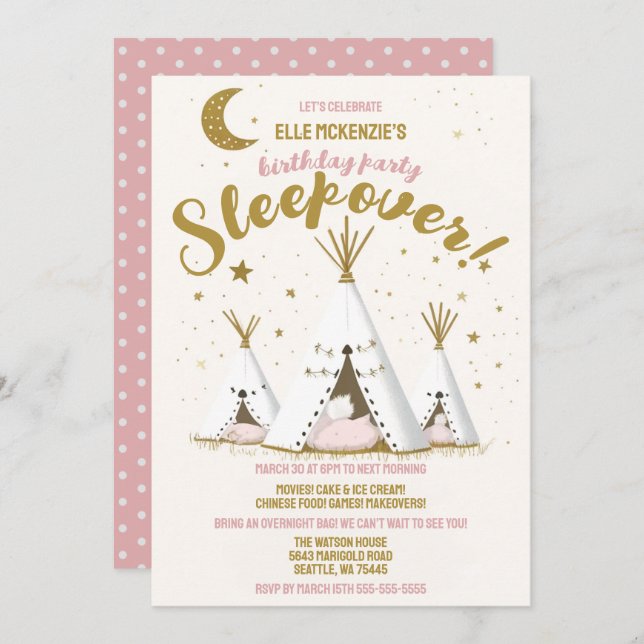 Convite Star Night Boho Chic Teepee Sleepover Party (Frente/Verso)