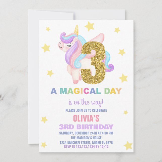 Convite Star Rainbow Unicorn Aniversário Voa (Frente)