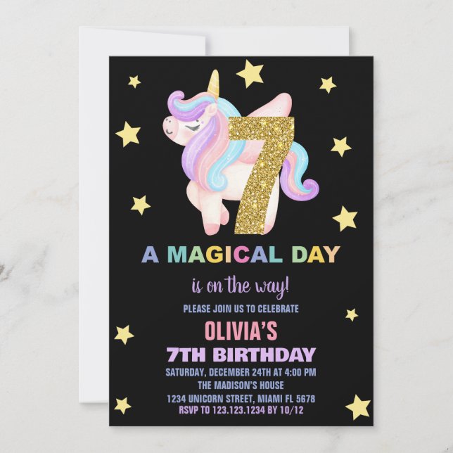Convite Star Rainbow Unicorn Aniversário Voa (Frente)