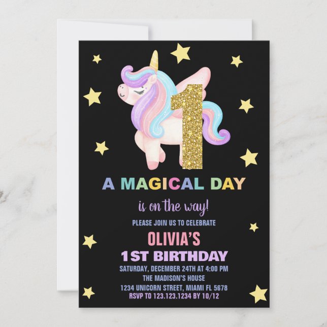 Convite Star Rainbow Unicorn Aniversário Voa (Frente)