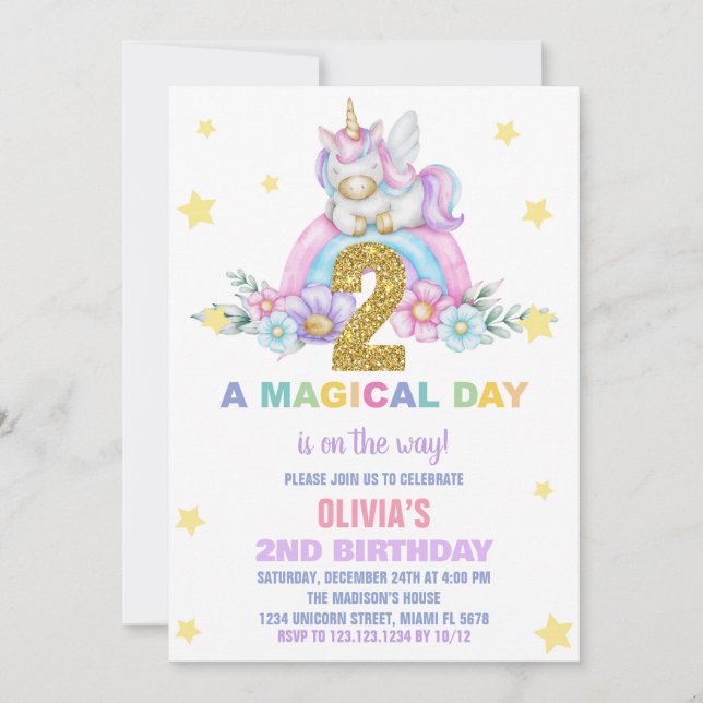 Convite Star Rainbow Unicorn Aniversário Voa (Frente)
