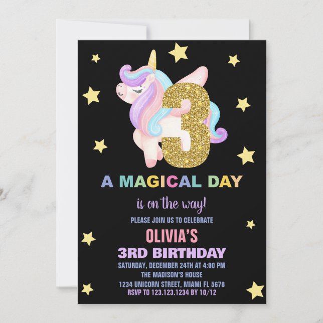 Convite Star Rainbow Unicorn Aniversário Voa (Frente)