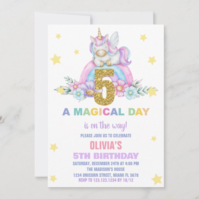 Convite Star Rainbow Unicorn Aniversário Voa (Frente)