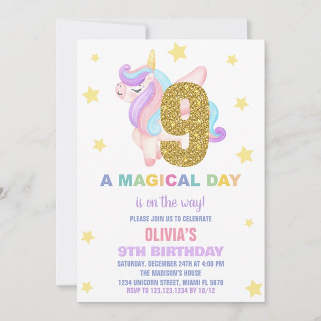 Convite Star Rainbow Unicorn Aniversário Voa (Frente)