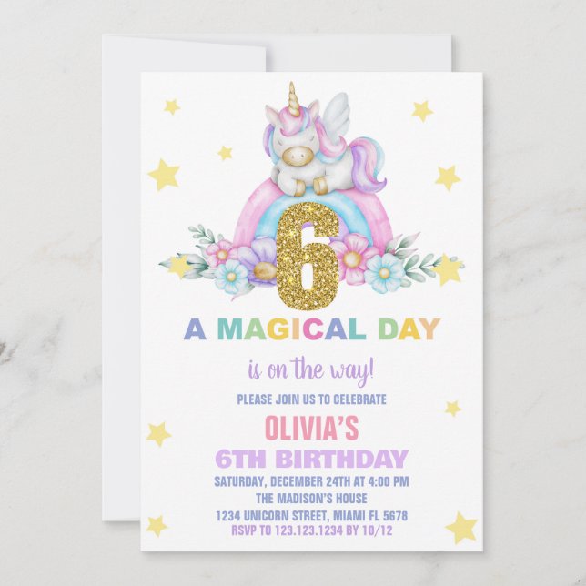 Convite Star Rainbow Unicorn Aniversário Voa (Frente)