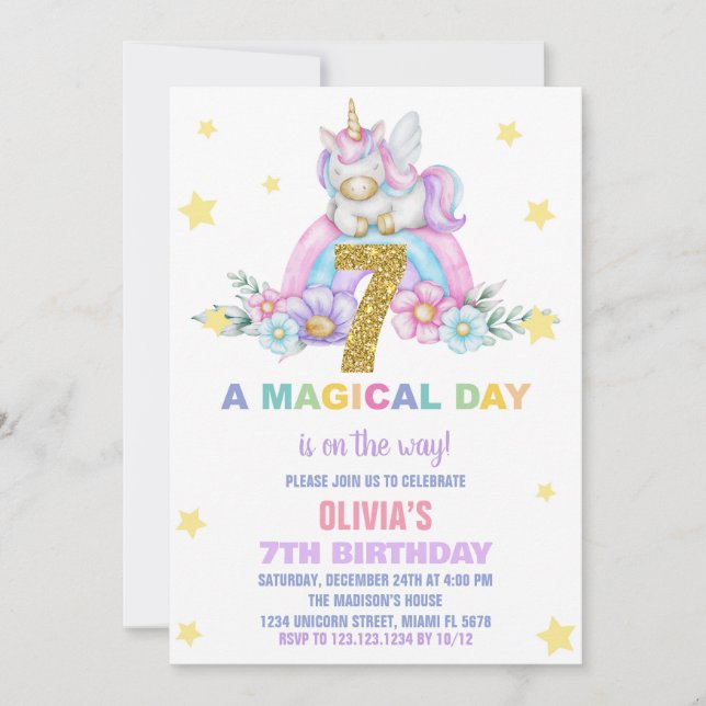 Convite Star Rainbow Unicorn Aniversário Voa (Frente)