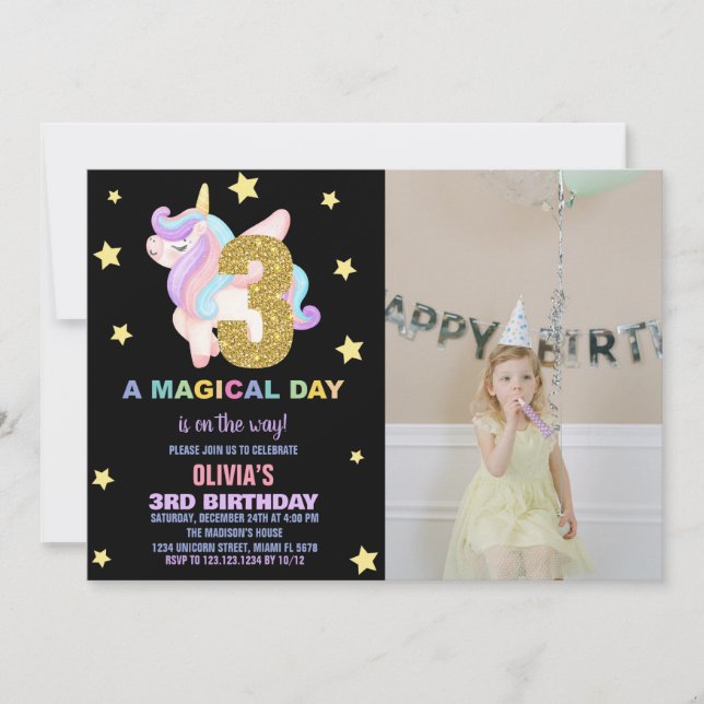 Convite Star Rainbow Unicorn Birthday Invtions w foto (Frente)