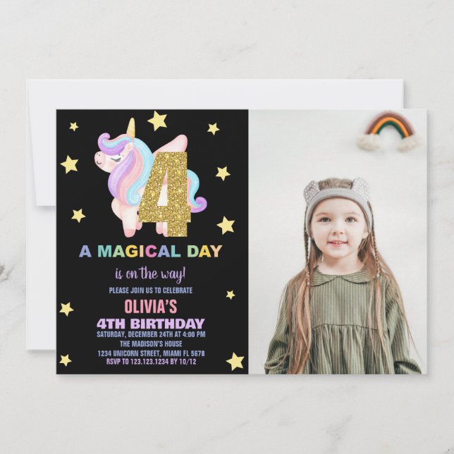 Convite Star Rainbow Unicorn Birthday Invtions w foto (Frente)
