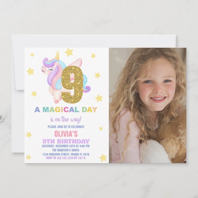 Convite Star Rainbow Unicorn Birthday Invtions w foto (Frente)