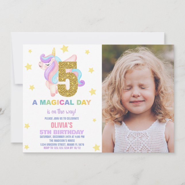 Convite Star Rainbow Unicorn Birthday Invtions w foto (Frente)