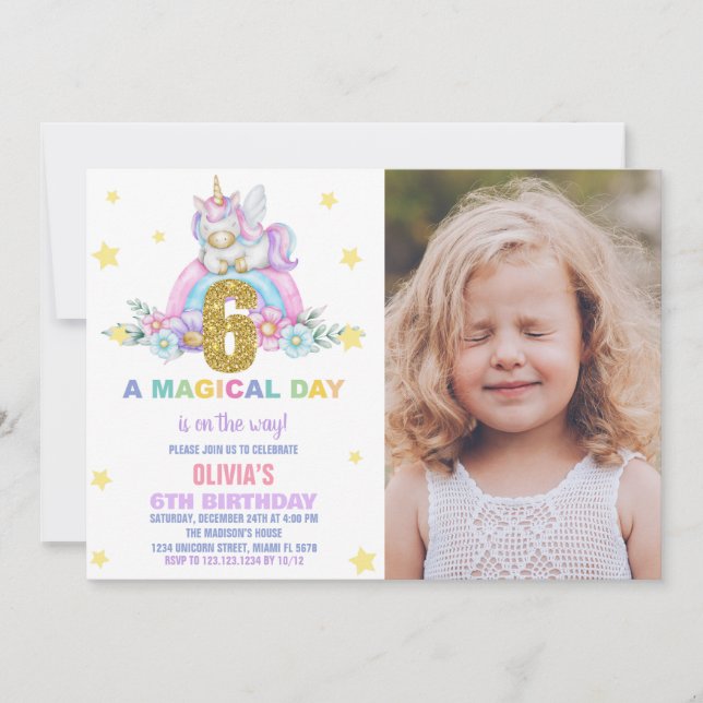 Convite Star Rainbow Unicorn Birthday Invtions w foto (Frente)