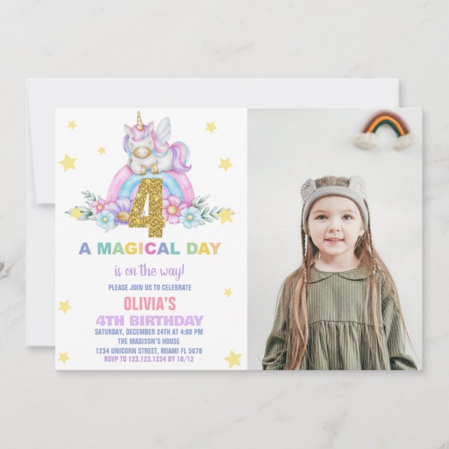 Convite Star Rainbow Unicorn Birthday Invtions w foto (Frente)