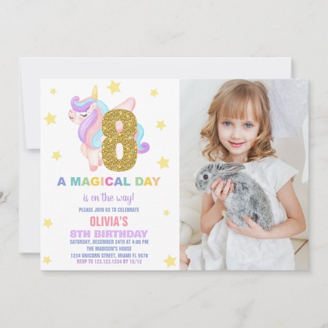 Convite Star Rainbow Unicorn Birthday Invtions w foto (Frente)