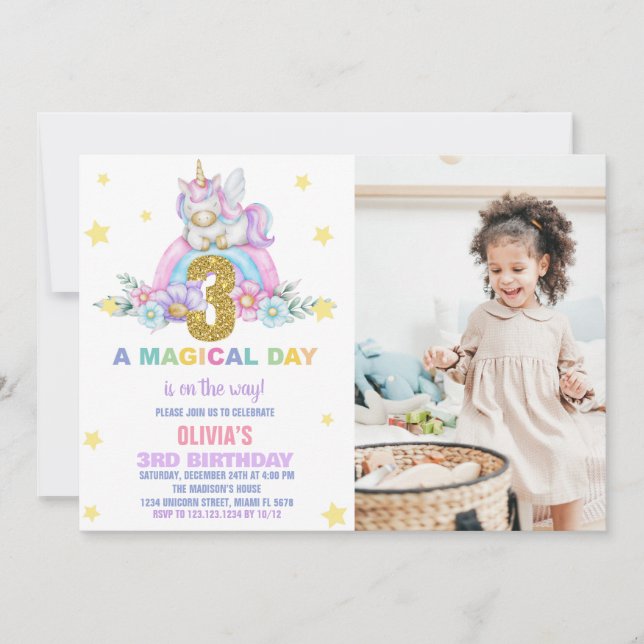 Convite Star Rainbow Unicorn Birthday Invtions w foto (Frente)