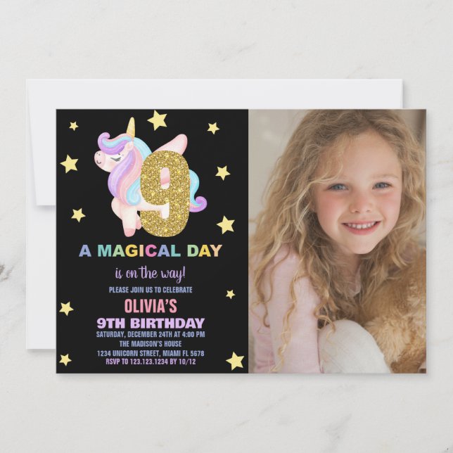Convite Star Rainbow Unicorn Birthday Invtions w foto (Frente)