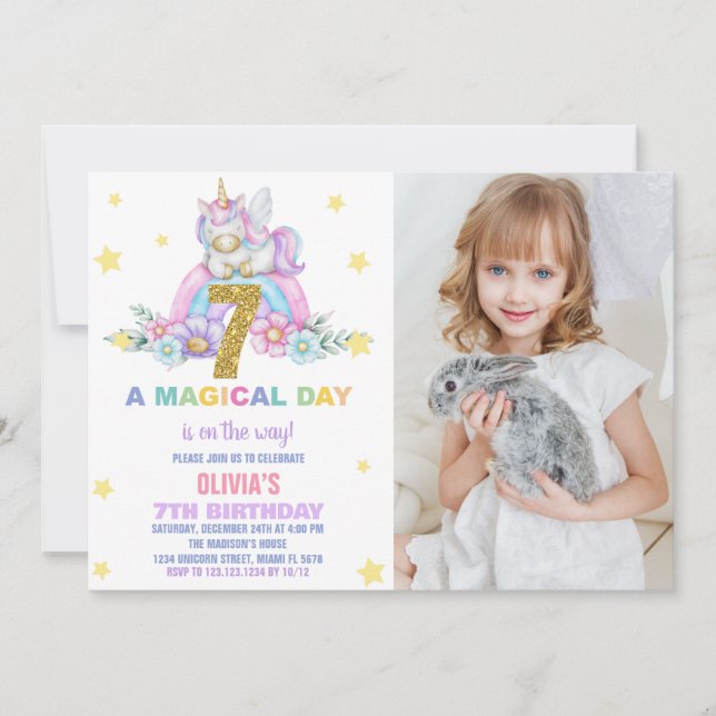 Convite Star Rainbow Unicorn Birthday Invtions w foto (Frente)