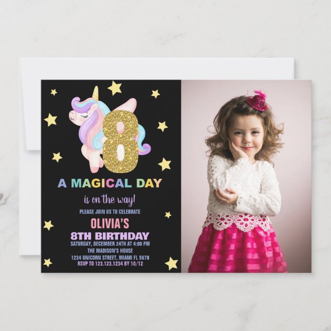 Convite Star Rainbow Unicorn Birthday Invtions w foto (Frente)