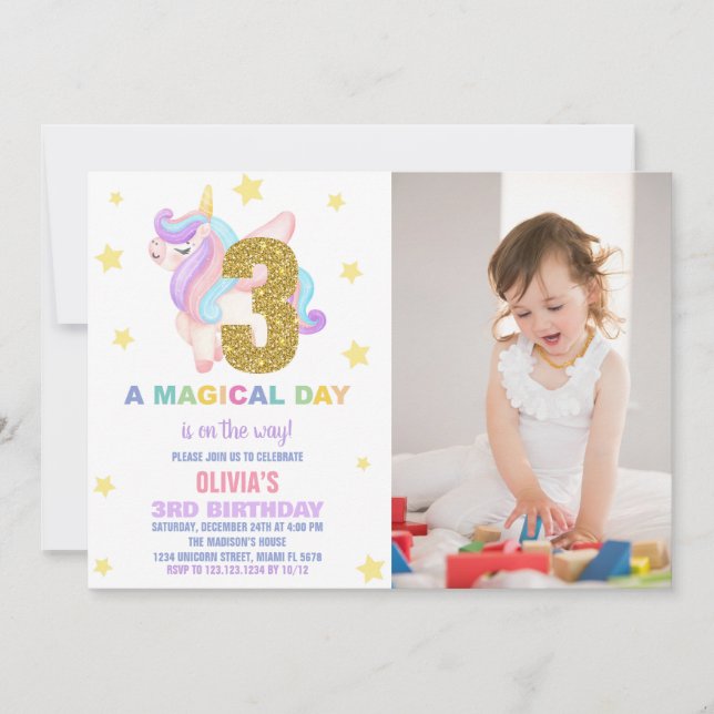 Convite Star Rainbow Unicorn Birthday Invtions w foto (Frente)