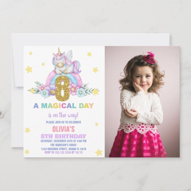 Convite Star Rainbow Unicorn Birthday Invtions w foto (Frente)