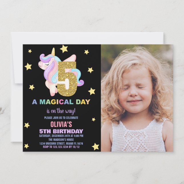 Convite Star Rainbow Unicorn Birthday Invtions w foto (Frente)