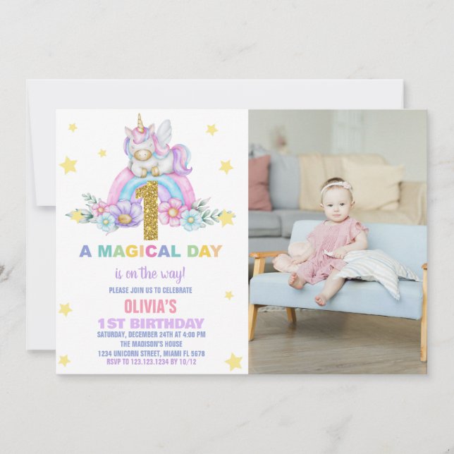 Convite Star Rainbow Unicorn Birthday Invtions w foto (Frente)