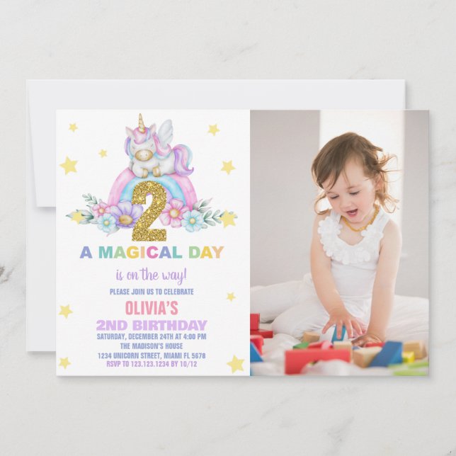 Convite Star Rainbow Unicorn Birthday Invtions w foto (Frente)