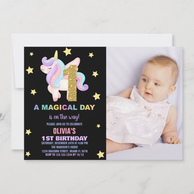 Convite Star Rainbow Unicorn Birthday Invtions w foto (Frente)